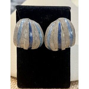 Earrings Silver Tone Blue Enamel Fashion Jewelry Vintage Retro 70s’